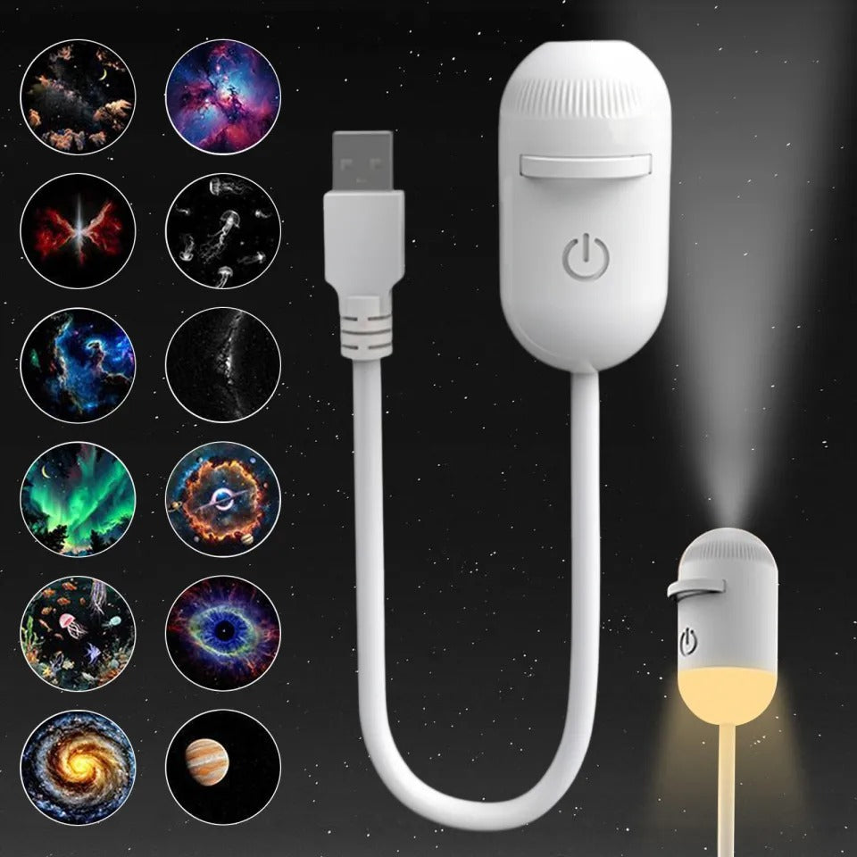 2-in-1 USB Mini Galaxy Star Projector & Bedside Night Light with 360° Flexible Design & 12 Interchangeable Disks