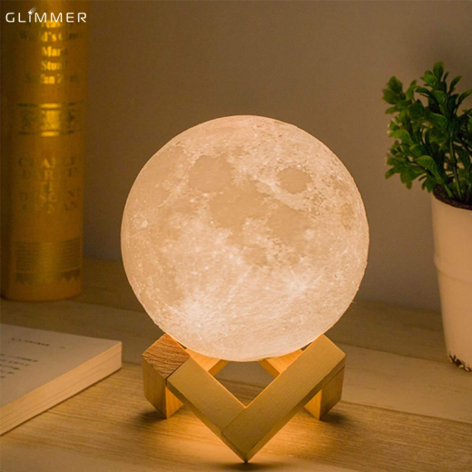 3D Print Moon Lamp LED Night Light Touch Switch Creative Moon Light for Bedroom Decoration & Gift with Wooden Frame