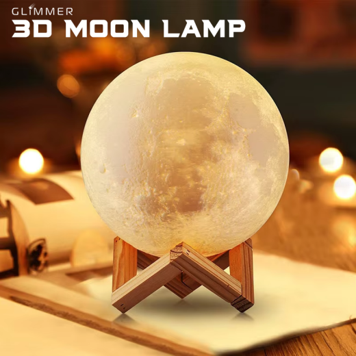 3D Print Moon Lamp LED Night Light Touch Switch Creative Moon Light for Bedroom Decoration & Gift with Wooden Frame