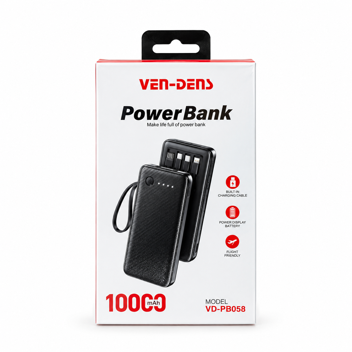 VEN-DENS 10000mAh Power Bank (VD-PB058) – Portable Charger with Built-in Type-C, Micro & Lightning Cables, Fireproof Shell & LED Indicator