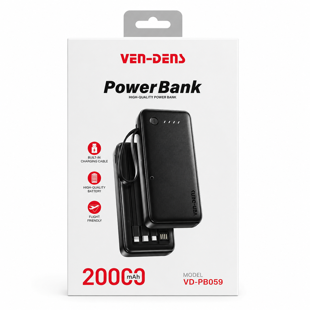 VEN-DENS VD-PB059 20000mAh Power Bank – Portable Charger with Built-in Type-C, Micro & Lightning Cables, LED Indicator & Flight-Friendly Design